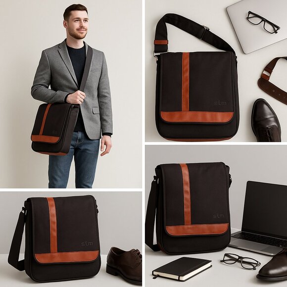 STM Vertical Laptop Messenger Bag – Black & Chestnut Brown - Picture 1 of 15